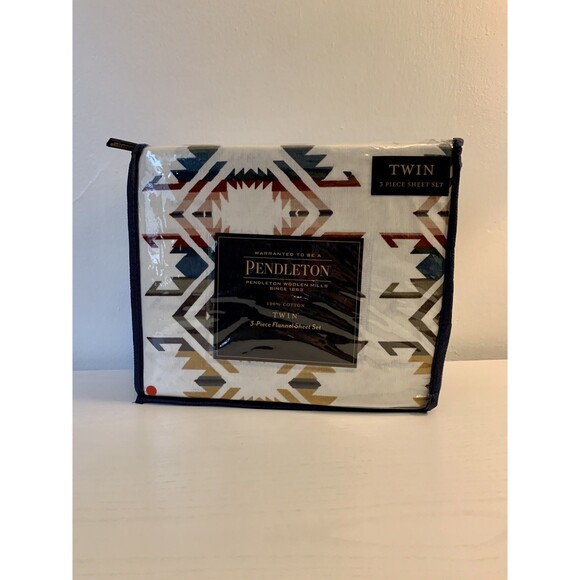 Pendleton Twin Flannel Sheet Set 3 PC Cotton Washable White S. Multi Aztec NEW - Picture 7 of 10